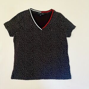 Tommy Hilfiger‎ Womens Black Polka Dot V Neck T Shirt Top Large